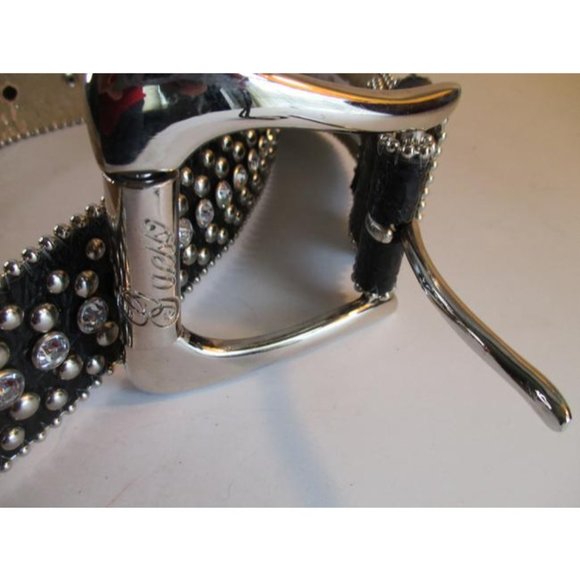 *Guess Black Rhinestone Studded Vintage Signature Silver Buckle Belt - Picture 3 of 9